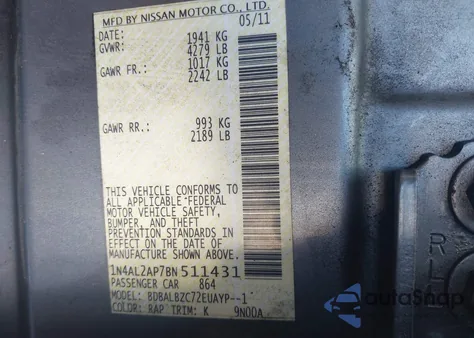 2011 Nissan Altima 2.5 S z USA, uszkodzony, nr VIN 1N4AL2AP7BN511431